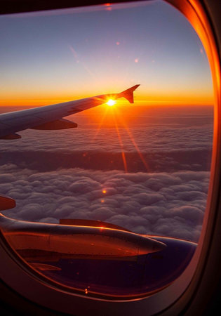 Airplane wing above fluffy white clouds at sunset with orange and blue sky
