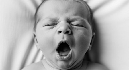 Newborn baby crying with mouth open and eyes closed, lying on a white surface
