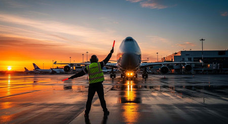 Ground crew member directing airplane on wet tarmac during sunset with vibrant orange sky and...
