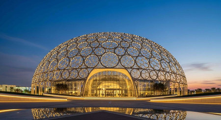 Large, modern dome-shaped building with circular pattern, lit up at dusk, reflecting in water