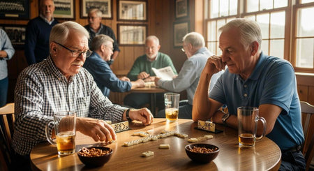 Older men socializing over cards and drinks in a warm pub setting with large windowsの写真素材