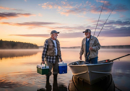 Two men in casual clothing holding coolers and standing near a small boat in calm water