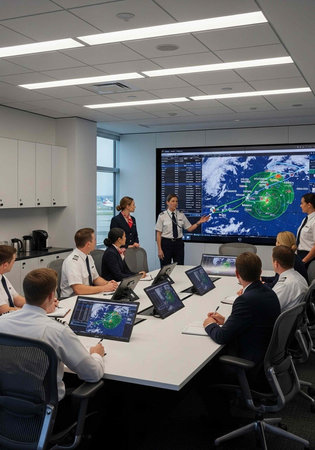 Professionals in uniform and business attire gathered around table with laptops and large screen...