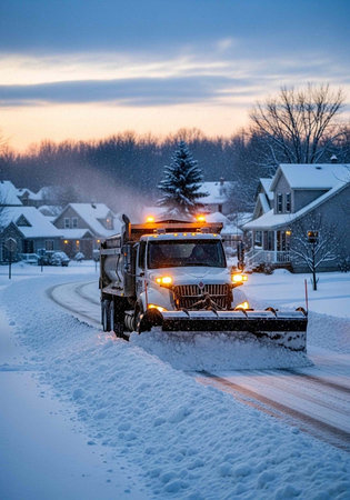 Snowplow truck with lights on clearing snow from residential street lined with houses and trees at duskの写真素材