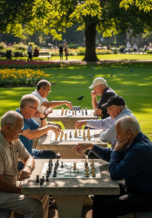 Group of elderly men engaged in chess games at outdoor tables in a parkの写真素材