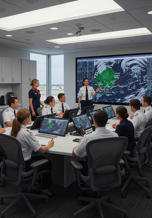 Group of pilots and staff gathered around table with laptops, looking at large screen with weather...