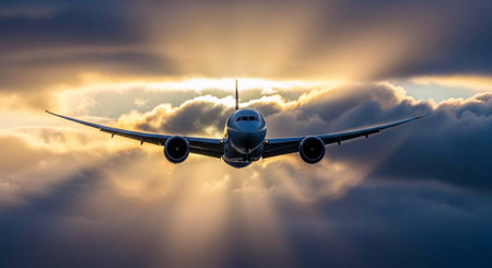 Large airplane flying through cloudy sky with sun rays shining through