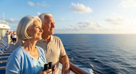 Elderly man and woman looking out at sea on a sunny day with blue sky