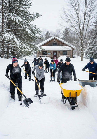 People in winter clothing shoveling snow with shovels and a wheelbarrow in front of a houseの写真素材
