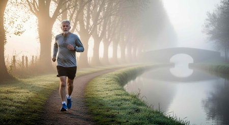A man in athletic wear runs on a dirt path beside a calm river with trees and a bridge