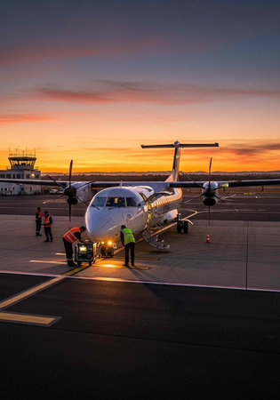 Commercial airplane on tarmac with ground crew at sunset, airport tower in backgroundの写真素材