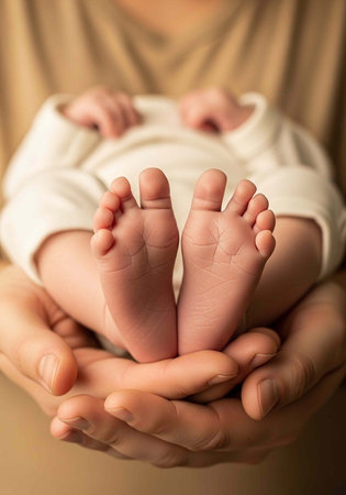 Adult hands gently cradle baby's small feet, conveying love and care in a soft, warm setting