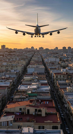 Aerial view of an airplane approaching over a densely populated urban area at duskの写真素材