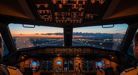 Airplane cockpit with pilots, control panels, and city lights visible through large windows at duskの写真素材