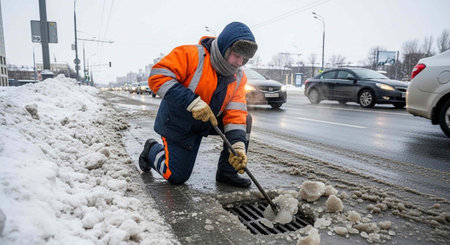 Worker in reflective jacket and gloves using shovel to remove snow from street grate on snowy dayの写真素材