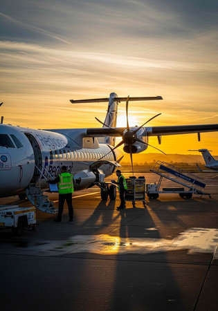 Commercial plane with propellers on tarmac at sunset, ground crew in high-visibility vests nearby