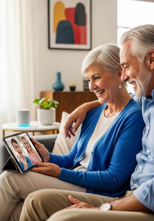 Senior man and woman using tablet for video call in cozy home with smiling faces and affectionate...