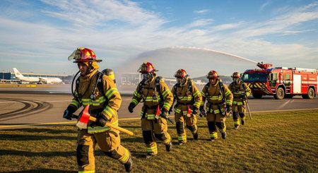 Firefighters in yellow and orange gear walking on grass with firetruck and airplane in the distance...