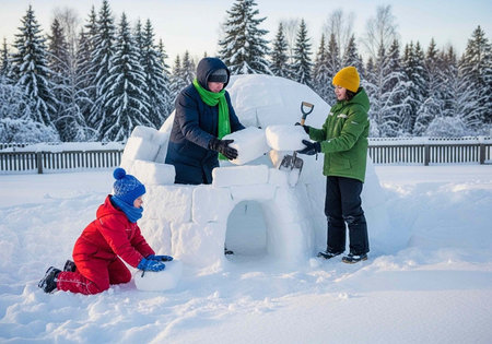 Kids in winter clothes constructing snow structure with blocks in snowy landscape