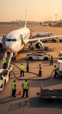 Workers in high-visibility vests refuel a large white airplane on the tarmac with various vehicles...