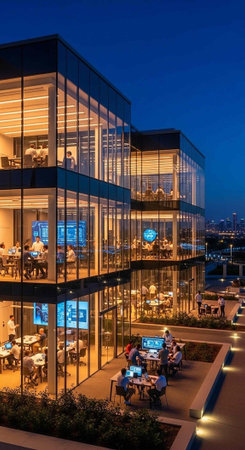 A contemporary glass office building illuminated at dusk with people dining outside and inside