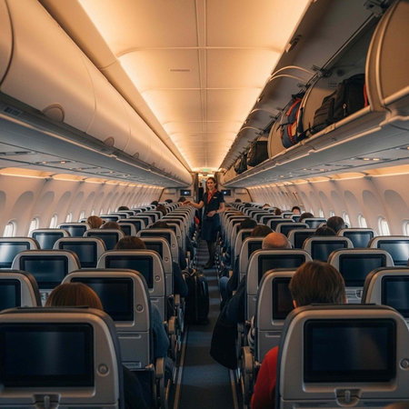 Commercial airliner cabin with seated passengers, flight attendant walking down aisle, screens on back of seatsの写真素材