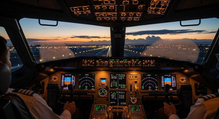 Pilots in cockpit with control panels and screens, city lights and runway at dusk outside