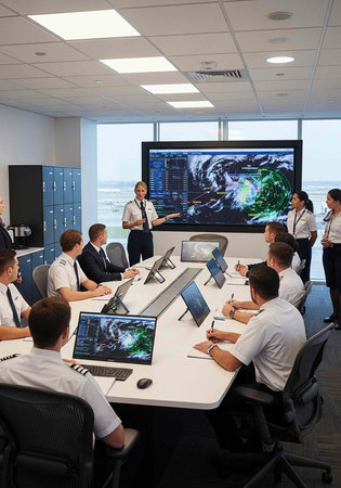 Meeting room with team in uniform discussing weather map on large screen and computers