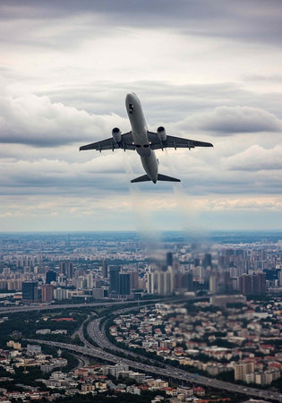 Gray airplane soaring above urban landscape with roads and buildings under cloudy sky
