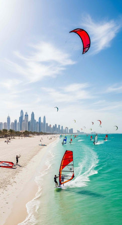 People windsurf on ocean waves with red and blue sails near sandy beach and city skyline