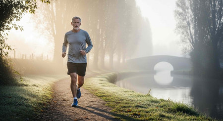 Athlete running on trail in nature with foggy background and waterway