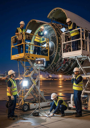 Men in safety gear use lifts and tools to examine and fix airplane engine at nighttime airfield