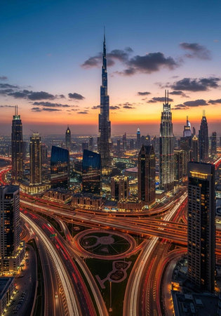 Aerial view of Dubai's skyline at dusk with illuminated buildings and highwaysの写真素材