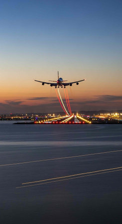 Commercial plane flying over illuminated runway with city lights at sunset or sunrise