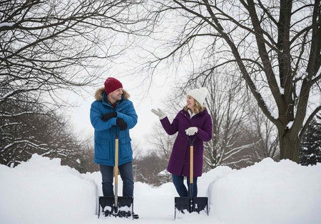 Women in winter clothes standing with shovels in deep snow, talking and smilingの写真素材