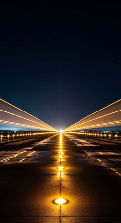 Long exposure photo of airport runway lights at night, yellow lights on dark tarmac