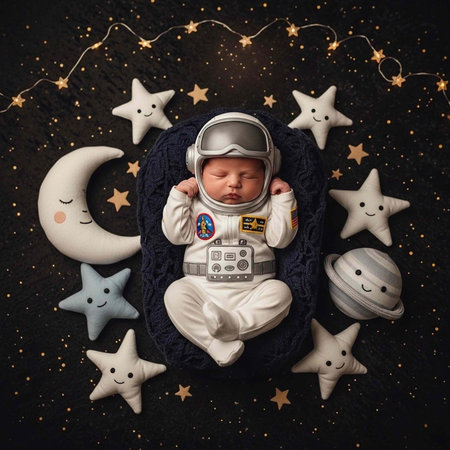 Cute infant in white spacesuit sleeps peacefully on dark blue blanket amidst celestial friendsの写真素材