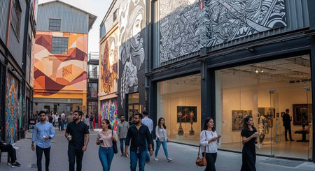 Crowd of people strolling through a lively street with art galleries, murals, and graffiti on...