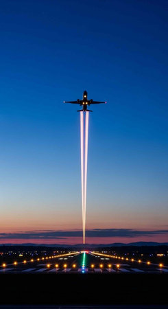 Silhouette of an airplane flying high with contrails, above a lit runway at dusk.
