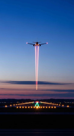 Plane ascending into a blue and purple sky with contrails and illuminated runway below