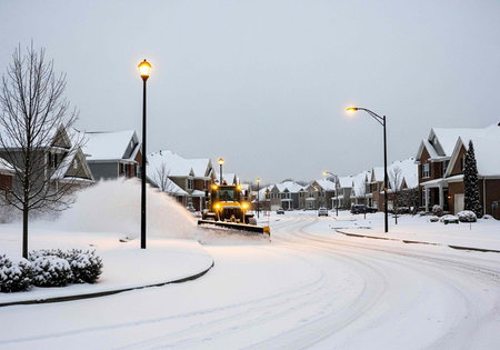 Snowplow vehicle clearing snow from curved residential street lined with houses and streetlights