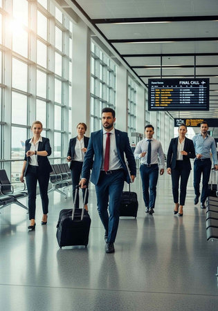 Group of professionals in business attire rushing to catch flight with suitcases in airport...