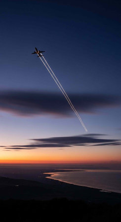 Plane soaring through blue and orange sky with clouds and water below