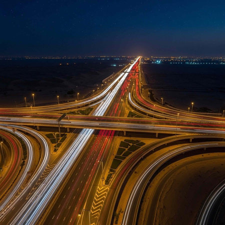 A nighttime aerial view of a multi-level highway interchange with traffic light trails and city...