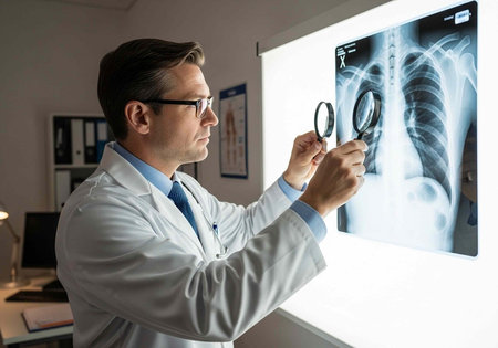 Male doctor in lab coat analyzing x-ray with magnifying glass in office