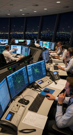 Air traffic controllers working at desks with multiple computer screens and phones at night