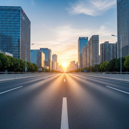 A serene cityscape at sunset with a wide, empty road leading to a vibrant urban skylineの写真素材