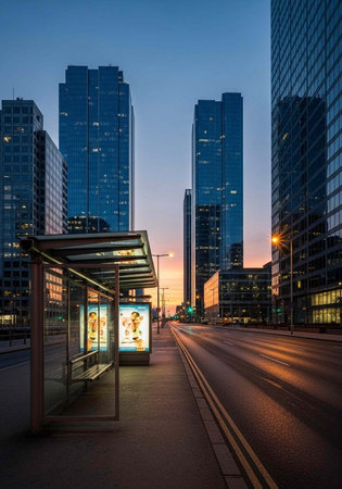 A city street at dusk with a bus stop and tall buildings in the backgroundの写真素材