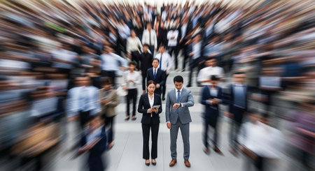 Two business professionals standing still in a blurred crowd of people moving quickly through a busy office spaceの写真素材