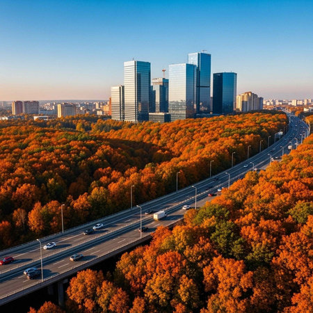 Aerial view of a city skyline with a highway and trees in autumn colors under a clear blue skyの写真素材